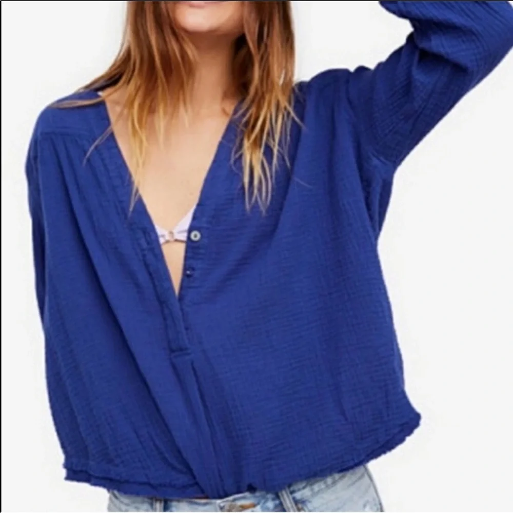 Free People Deep Blue Gauze V-Neck Button Front Top